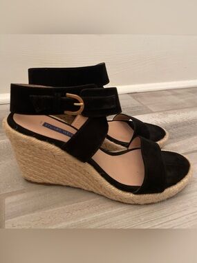 Stuart Weitzman Black Suede Wrap Ankle Buckle Strap Espadrille Wedge Sandals 7